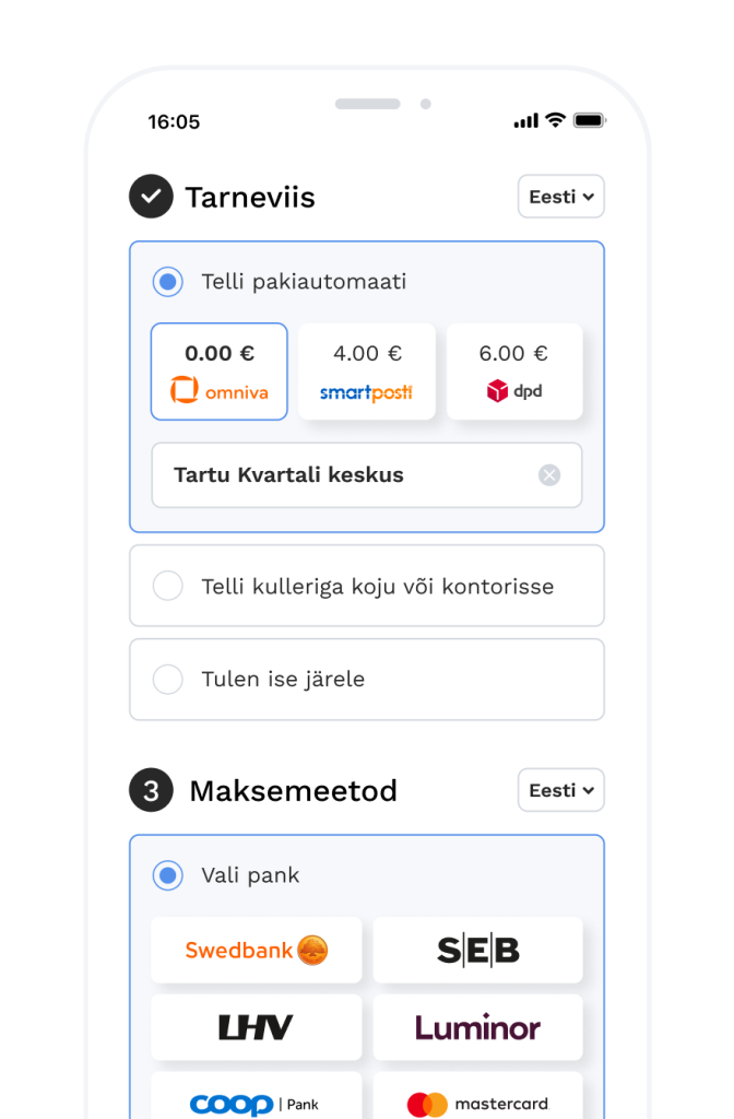 Maksekeskus checkout with Baltic bank links, card payment and delivery options